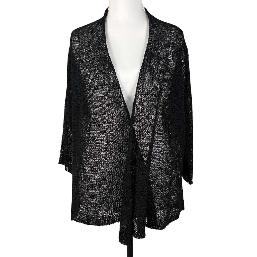 Eileen Fisher Linen Crochet Knit Cardigan Womens M Black Open Sheer Lightweight